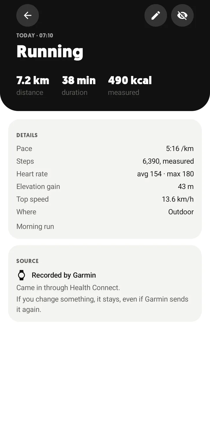 A run in FitHopper that came in through Health Connect