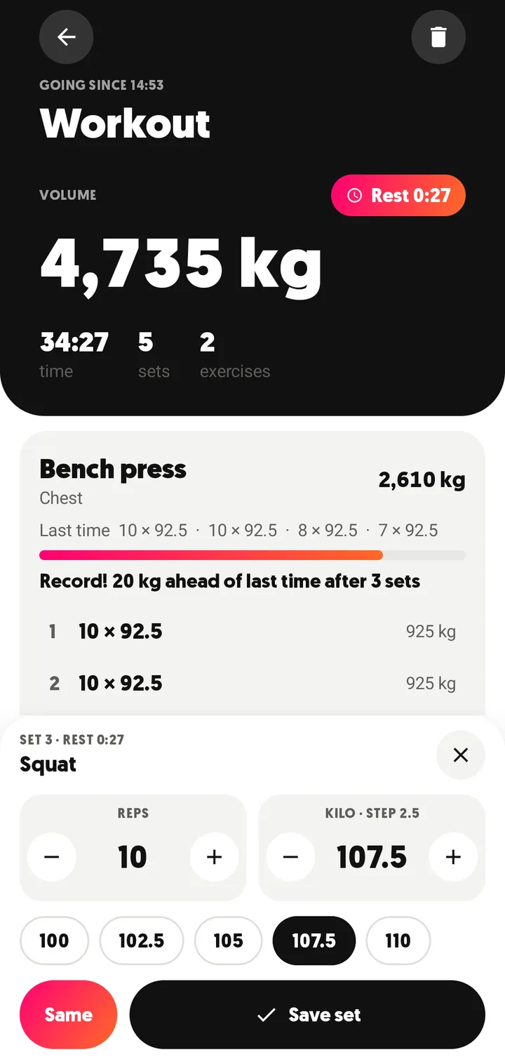 A strength workout in FitHopper with sets, volume and what you did last time