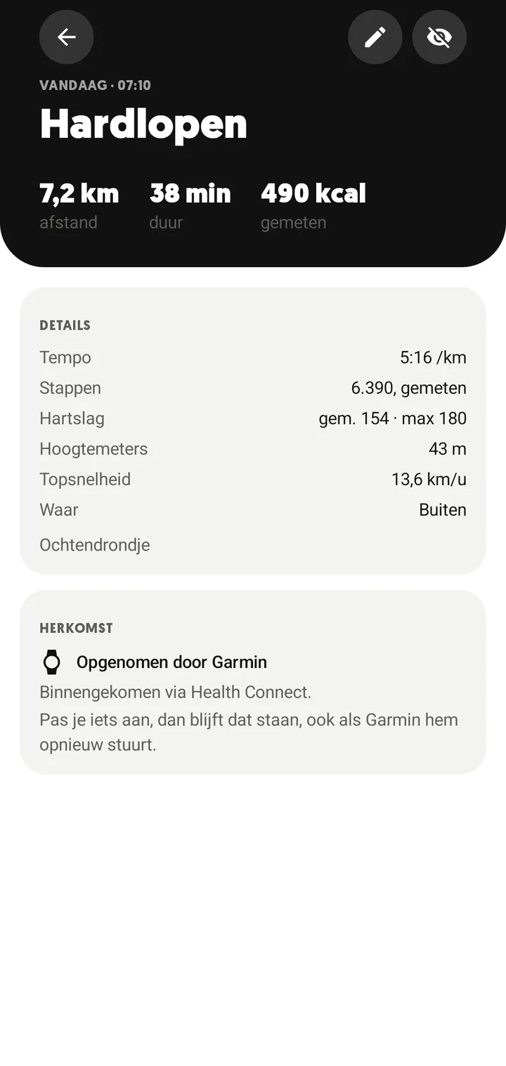 Een hardloopactiviteit in FitHopper, binnengekomen via Health Connect